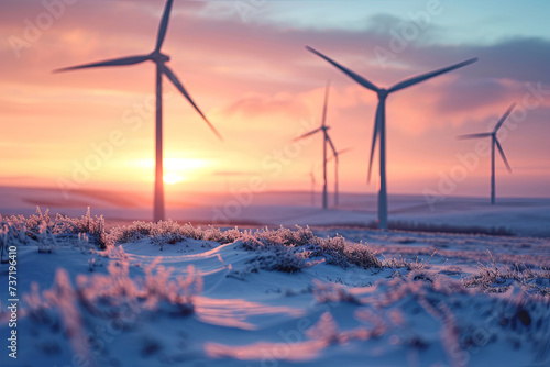 Wind turbines farm on sunset in winter photo