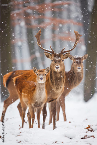 Noble deer family in winter snow forest © Fabio