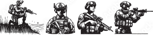 soldier with rifle, black and white vector photo