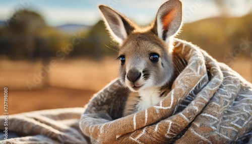 very young joey kangaroo wrapped up in a blanket protected from the cold rescued and at a kangaroo sanctuary in alice springs northern territory australia