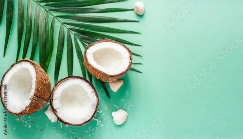 summer composition coconut palm leaf on mint background summer concept flat lay top view copy space