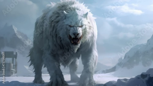 An immense beast with thick white fur and jetblack eyes standing tall on a precipice Fantasy art concept. . photo