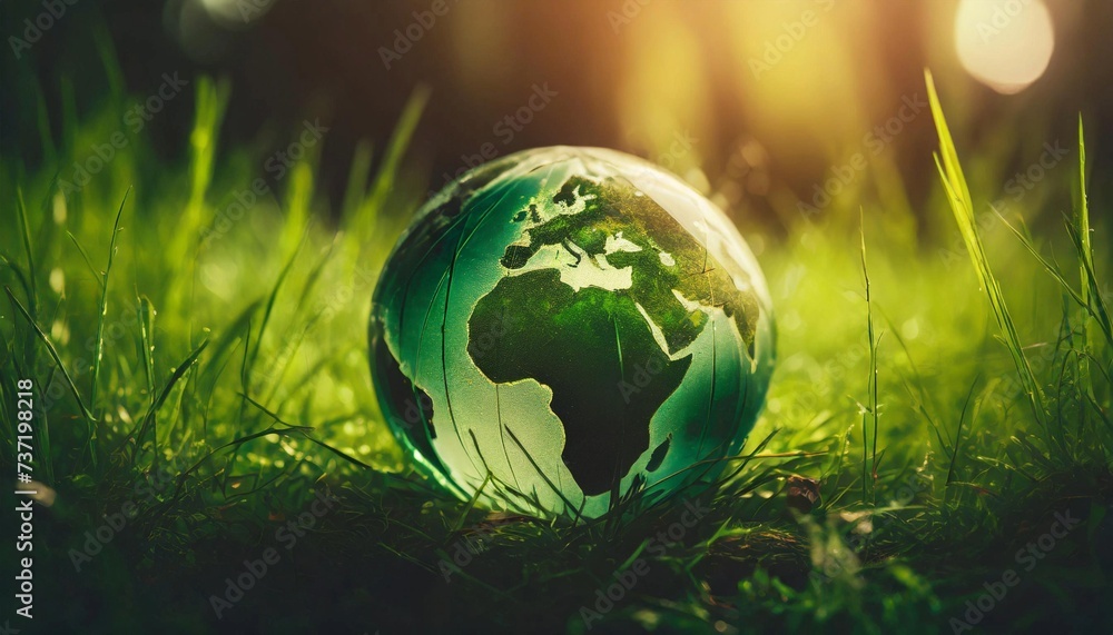 Glass Earth globe in green grass. Crystal sphere. Ecology and world environment day Glass Earth globe in green grass. Crystal sphere. Ecology and world environment day