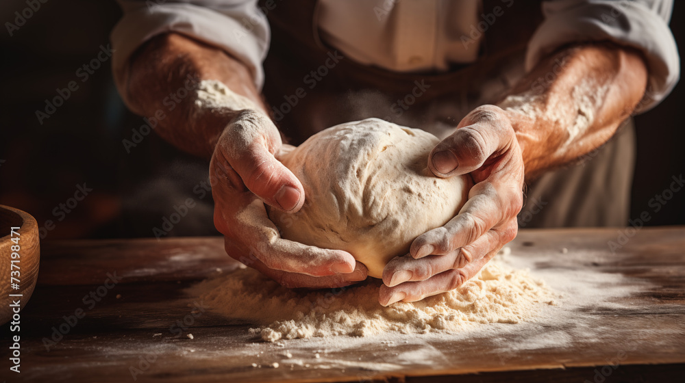 Close-up of Baker's Hands Working with Bread Dough