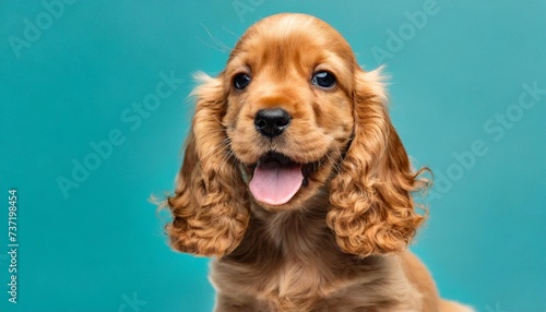 happy english cocker spaniel puppy dog sits on isolated on blue cyan background