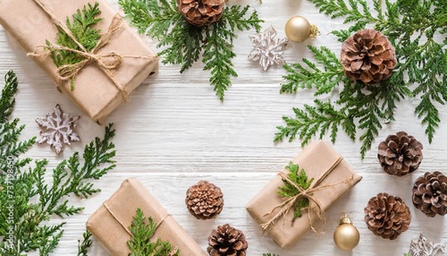 christmas frame composition with thuja branches pine cones handicraft wrapped gifts amd festive ornaments against white background overhead view flat lay with copy space