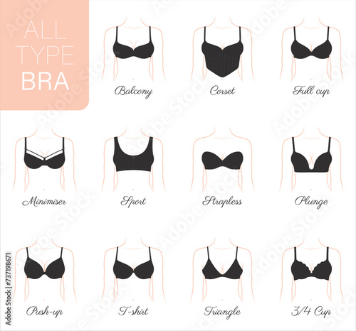 Vector Woman decollete with set all type black bra. Female girl tits closeup. Isolated on white background