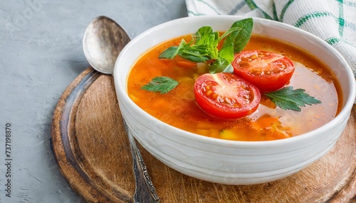 vegetable soup with tomatoes served on plate