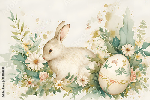 Springtime Serenity: A Fluffy White Bunny Amidst Blooming Flowers and a Beautifully Decorated Egg