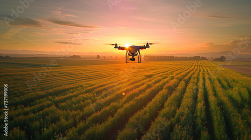 A drone hovers above farmland at sunrise  utilizing GPS mapping and data analysis to optimize crop production..