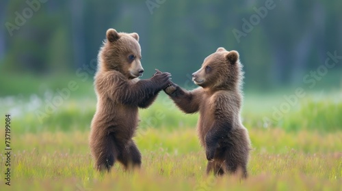 a couple of brown bears standing next to each other on top of a grass covered field with trees in the background.