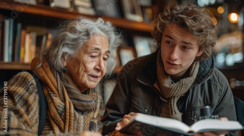 Elderly Woman and Young Man Sharing a Book in a Cozy Library Setting © Maik Meid