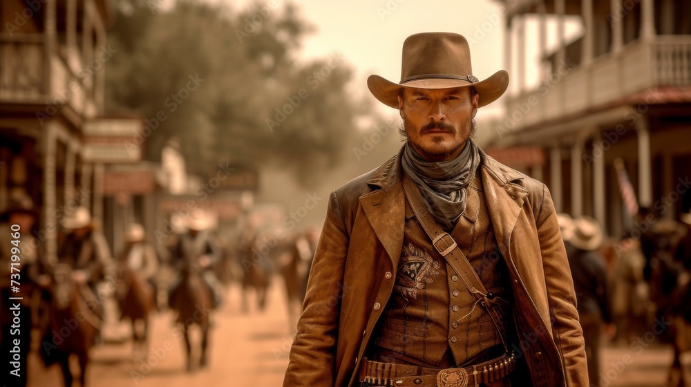 Stalwart Sheriff: Determined Cowboy Strolling through a Bustling Western Town