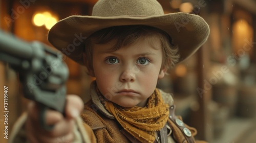 Young Child in Cowboy Hat Dramatically Pointing a Toy Gun in a Western Scene
