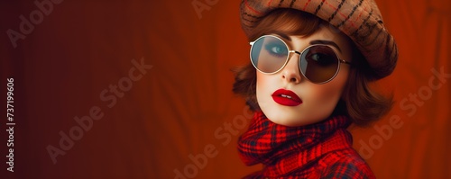 Fashionable portrait of a young woman in a beret cap plaid jacket and retro sunglasses blurred backgroundcopy space solid background --ar --v - fast stealth. Concept Fashionable Portrait