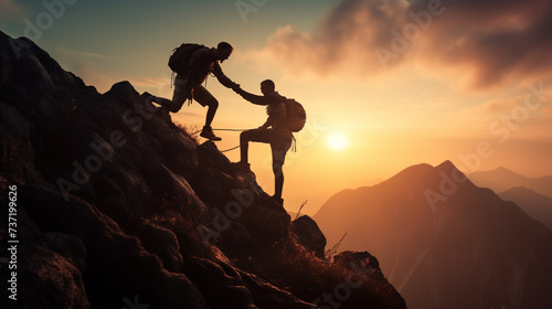 Manhelping each other for climb up a mountain at sunrise