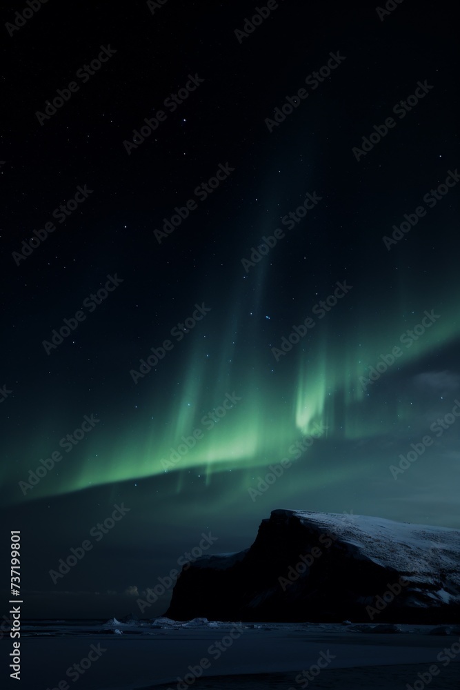 Celestial Ballet: Aurora Borealis Dancing Over Snowy Mountain Under Night Sky