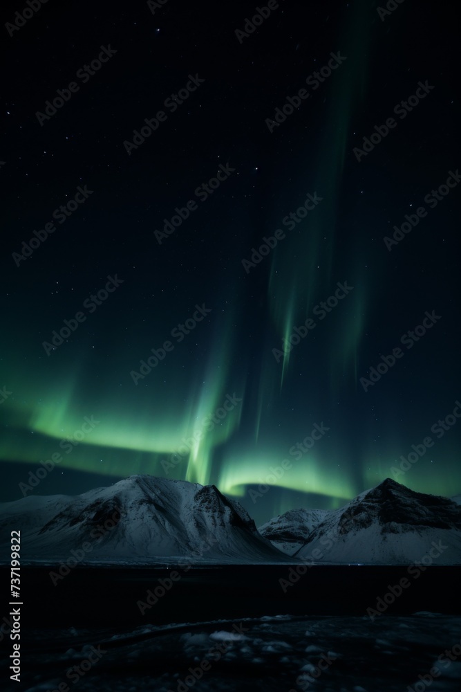 Polar Symphony: Vivid Aurora Borealis Swirling Above the Snowy Mountain Peaks at Night