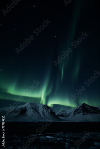 Polar Symphony: Vivid Aurora Borealis Swirling Above the Snowy Mountain Peaks at Night © Maik Meid