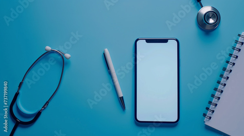 doctor stuff stethoscope, smartphone, and note blue background