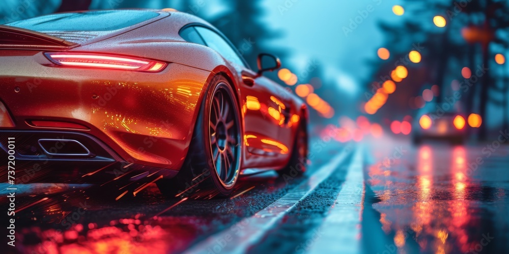 Sleek Sports Car on Rainy Street at Night, City Lights Reflecting on Wet Asphalt Sleek Sports Car on Rainy Street at Night, City Lights Reflecting on Wet Asphalt