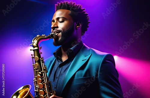 Jazz Appreciation Month. African American handsome jazz musician playing the saxophone in the studio on a neon background. Music concept.