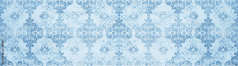 Fototapeta premium Blue white retro vintage arabesque wallpaper tile wall texture background banner panorama with floral flowers leaves print, seamless pattern