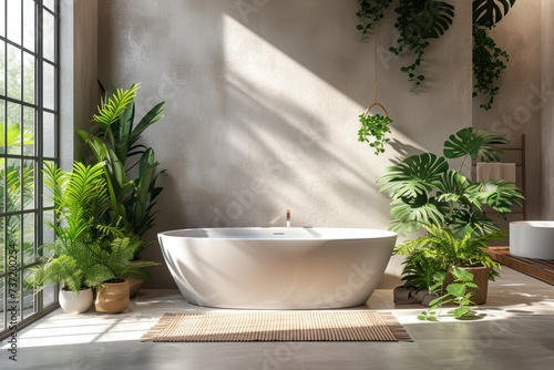 Modern bathroom minimalist design, freestanding tub, and eco-friendly decor illuminated surrounded by lush indoor plants and bathed in natural light, embodying wellness and tranquility at home © khwanrudi