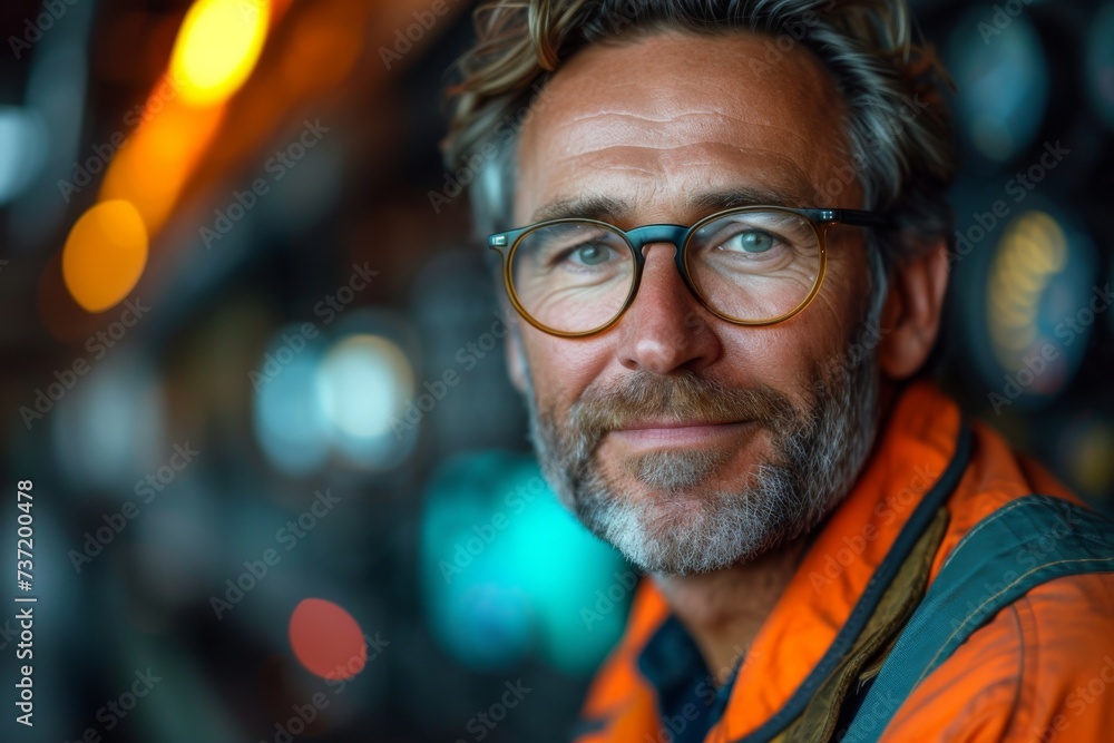 Smiling Industrial Worker in High-Visibility Vest and Glasses