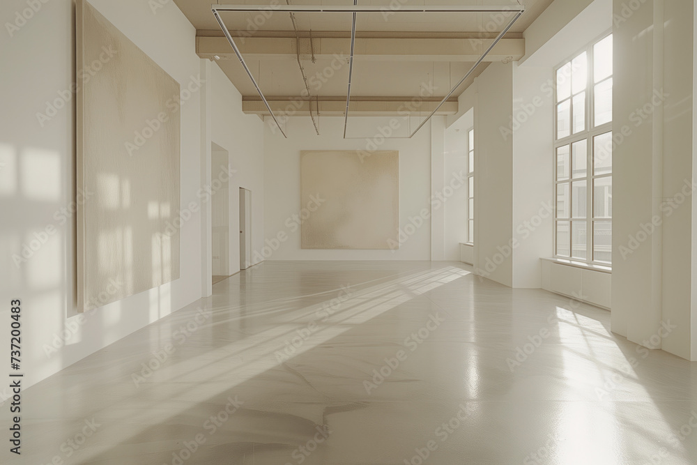 Empty art gallery interior. Background image. Created with Generative AI technology Empty art gallery interior. Background image. Created with Generative AI technology