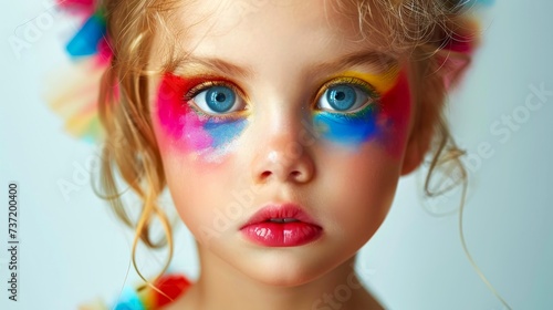 Close-up, Pretty face of a beautiful child girl with multi colors vivid makeup on minimal background