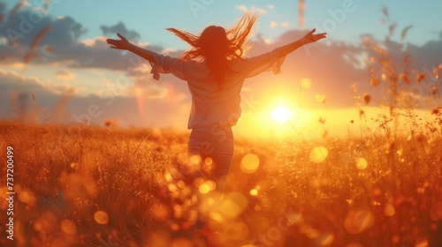 Exultant Woman in Meadow at Sunset with Glowing Sun Flares