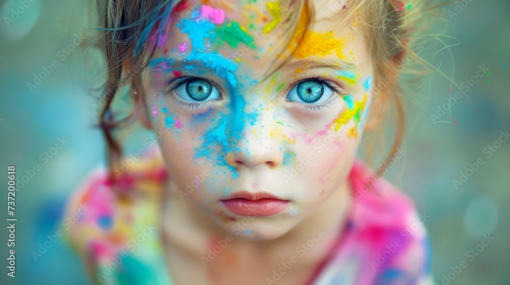 Close-up, Pretty face of a beautiful child girl with multi colors vivid makeup on minimal background Close-up, Pretty face of a beautiful child girl with multi colors vivid makeup on minimal background
