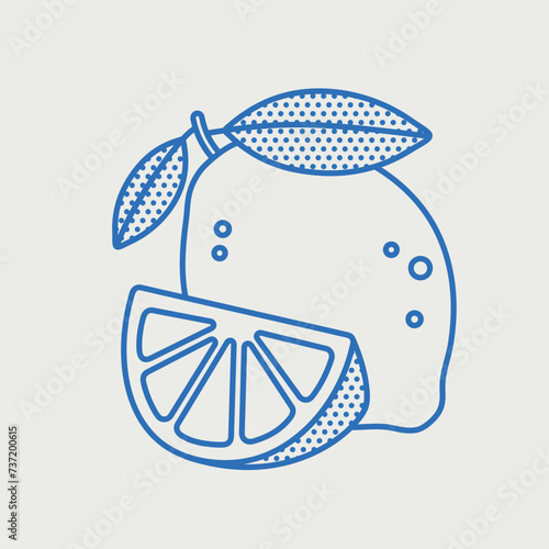 Lemon with lemon wedge. Line art, retro. Plants and herbs for cosmetics.