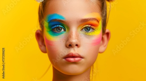 Close-up  Pretty face of a beautiful child girl with multi colors vivid makeup on minimal background