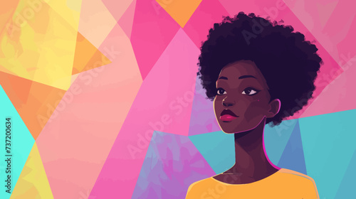Black young woman cartoon illustration with copy space background for promo banner or card, afro hair style