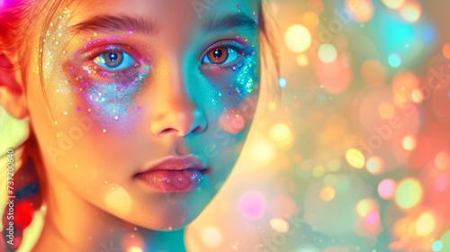 Close-up, Pretty face of a beautiful child girl with multi colors vivid makeup on minimal background