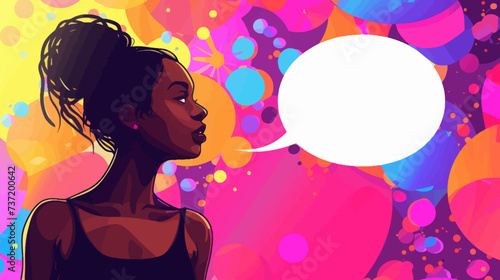 Black young woman cartoon illustration with copy space background and bubble speech for promo banner or card decoration