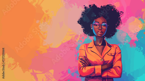 Black young woman in glasses cartoon illustration with copy space background for promo banner or card  afro hair style