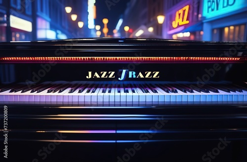 Jazz text illuminated on piano in a rainy city setting. Neon jazz sign on piano, urban night allure. Piano keys under the neon glow of jazz in the city