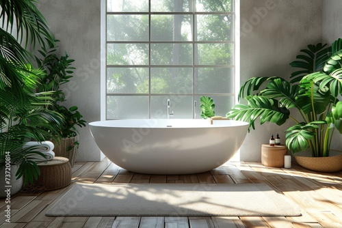 Modern bathroom minimalist design  freestanding tub  and eco-friendly decor illuminated surrounded by lush indoor plants and bathed in natural light  embodying wellness and tranquility at home