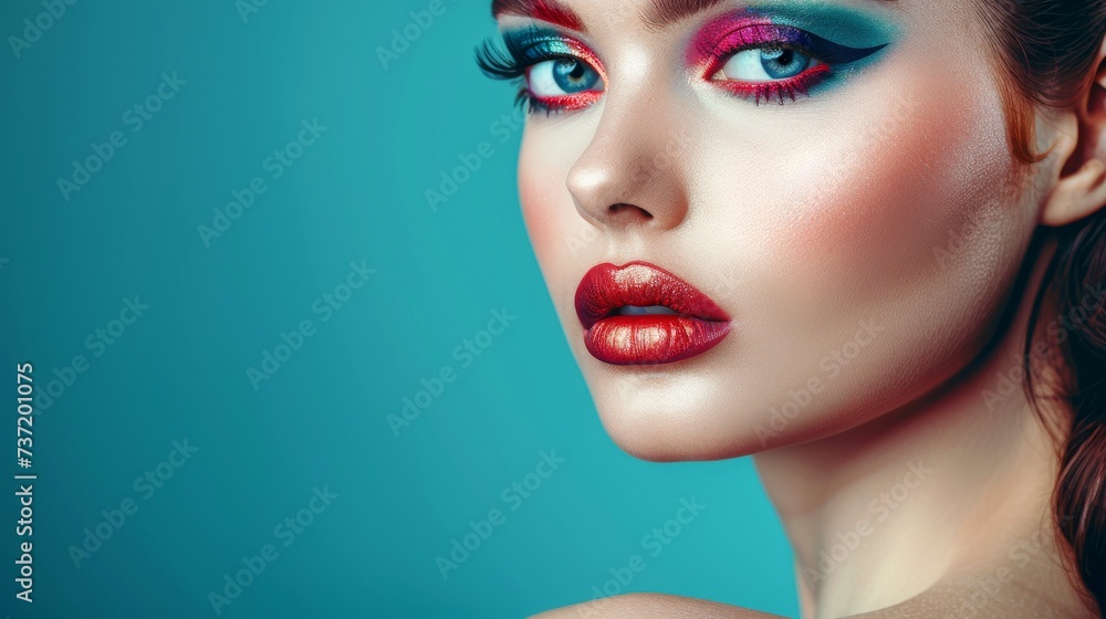 Close-up, Pretty face of a beautiful woman with multi colors vivid makeup on minimal background Close-up, Pretty face of a beautiful woman with multi colors vivid makeup on minimal background