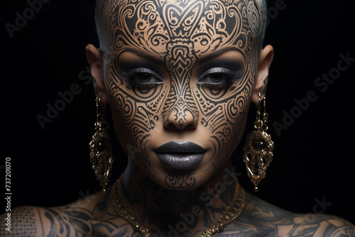 Face of a black woman adorned with intricate facial tattoos a blend of traditional and contemporary styles.