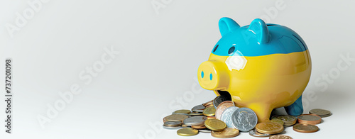 large 3d piggy bank in 50/50 yellow and blue color of Ukrainian flag , A lot of big coins going into the piggy bank on monotonous gray background.