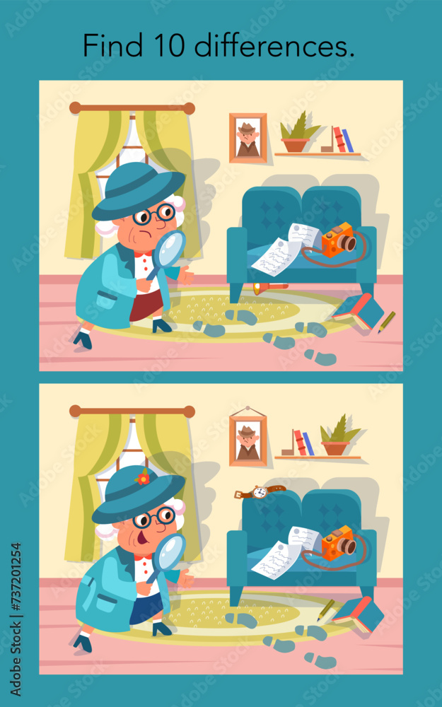 Find 10 differences. Educational puzzle game for children. Сute cartoon grandma with magnifying glass. Vector color illustration. Detective and investigation. Find 10 differences. Educational puzzle game for children. Сute cartoon grandma with magnifying glass. Vector color illustration. Detective and investigation.