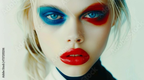 Close-up, Pretty face of a beautiful woman with multi colors vivid makeup on minimal background