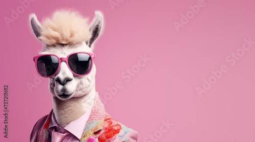 Creative animal concept. Alpaca in glam fashionable couture high end outfits isolated on bright background advertisement, copy space © Usman