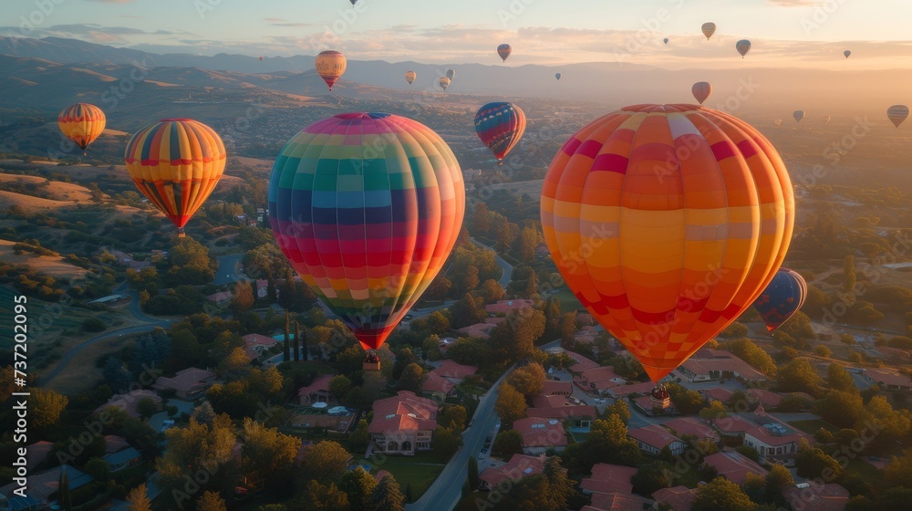 Obraz premium Hot Air Balloon Adventure, a whimsical scene of colorful hot air balloons soaring over picturesque landscapes during a balloon festival.