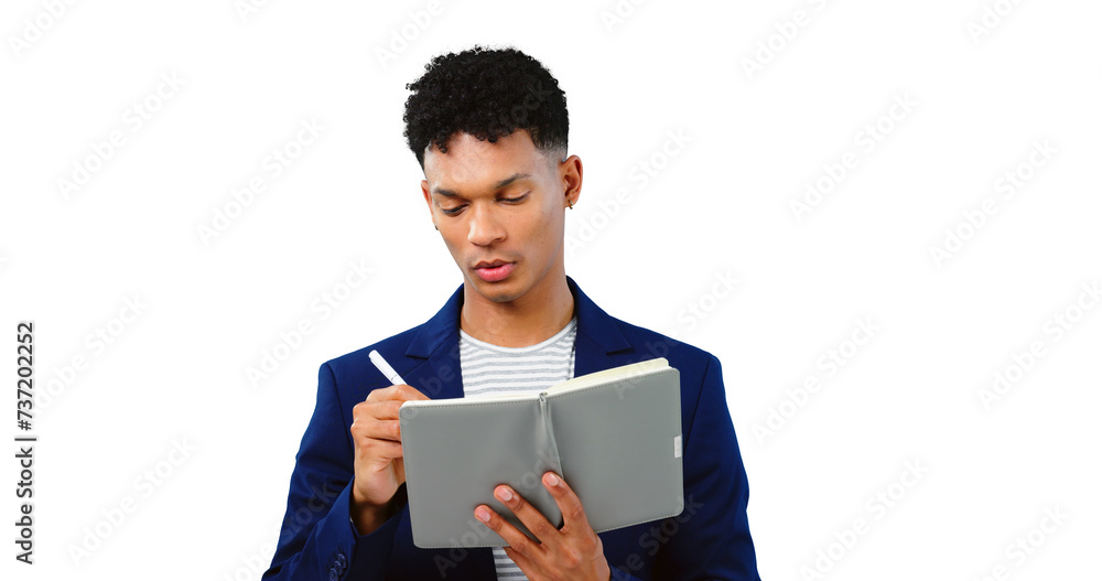 Businessman, writing and planning in notebook with schedule in transparent, isolated or png background. Research, notes and problem solving with project, knowledge and information in journal Businessman, writing and planning in notebook with schedule in transparent, isolated or png background. Research, notes and problem solving with project, knowledge and information in journal