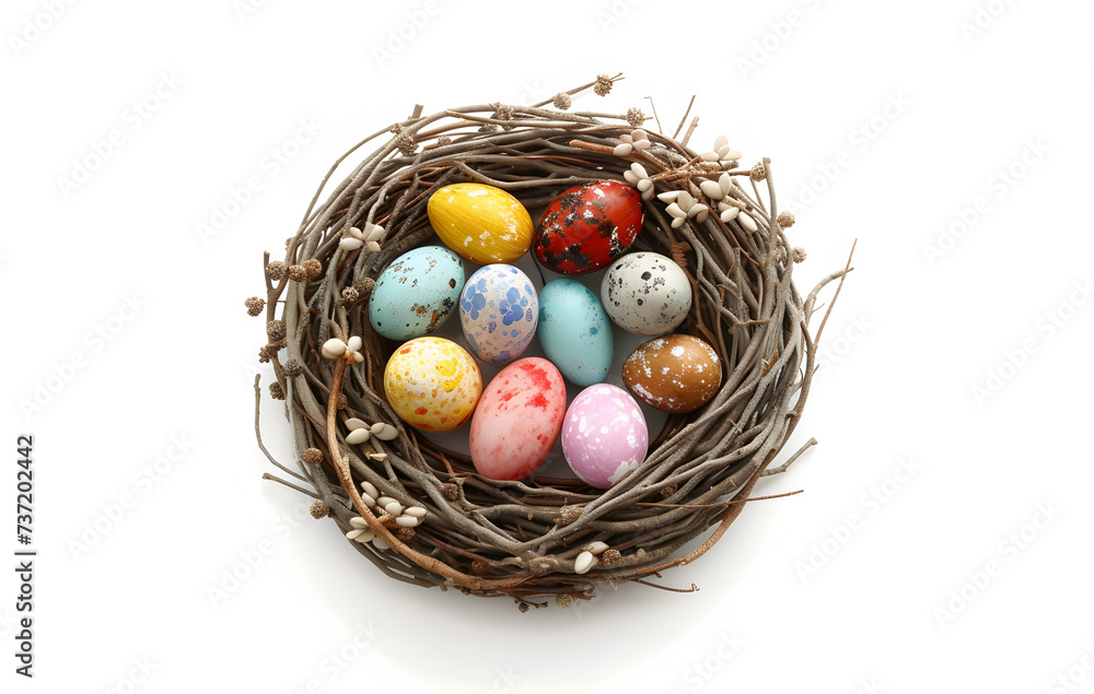 Obraz premium Colorful Easter Eggs Nestled in a Rustic Twig Nest: A Vibrant Celebration of Springtime and Easter Traditions